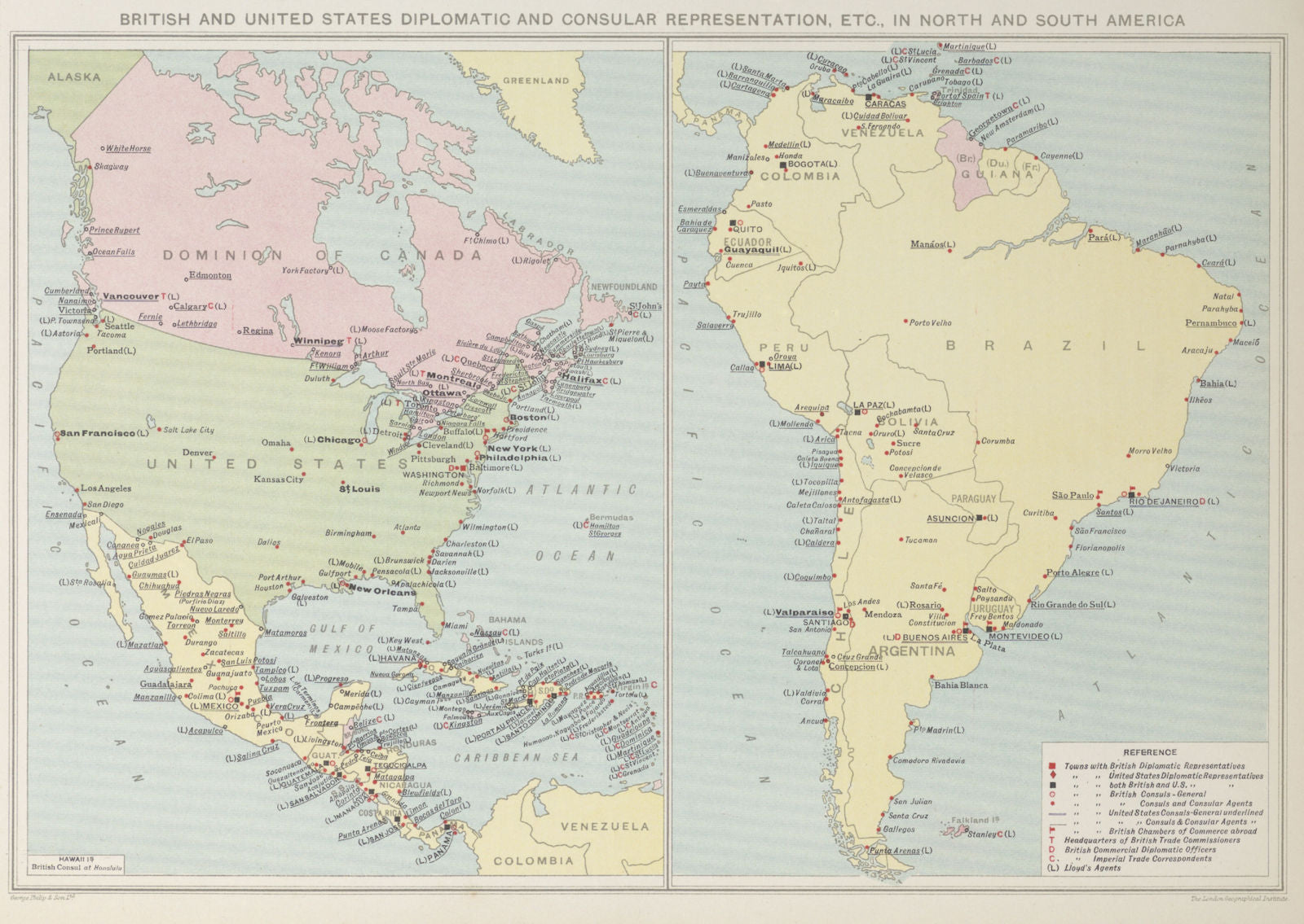 British & American Diplomatic Representation in North & South America 1927 map